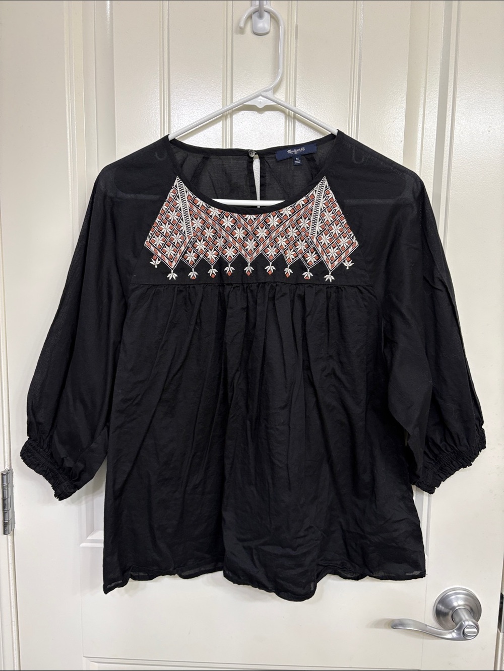 Madewell Black Blouse with Red & Cream Embroidered Yoke